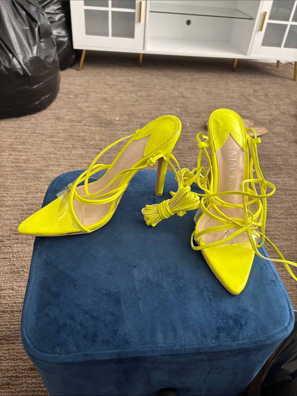 Neon Yellow Lace-Up Pointed Toe High Heels